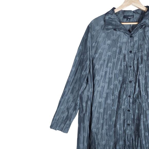 Sun Kim Womens Tunic Blouse M Grey Pleated Polka Dot Button Down Artsy Boho Chic - Picture 3 of 13